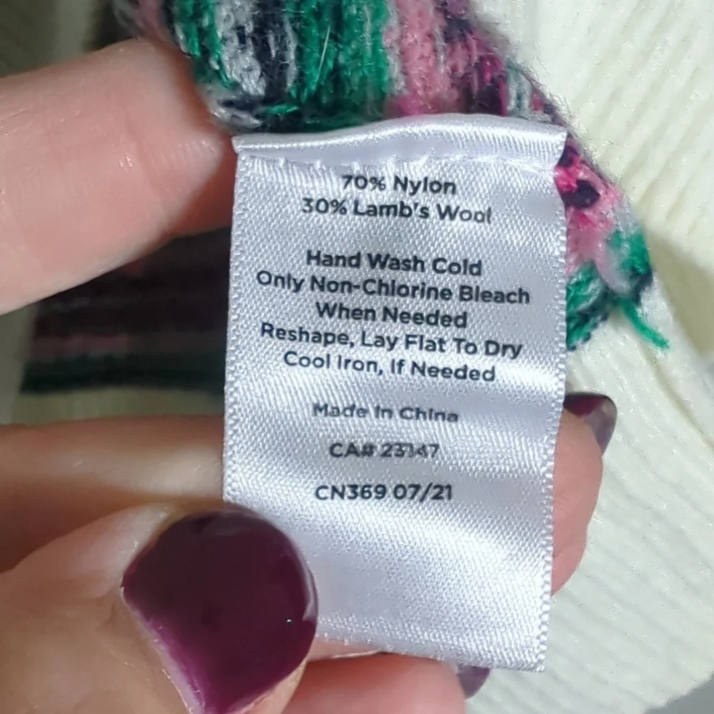 Talbots Womens Sweater Fair Isle Multi-color Striped Lambs Wool Pink Green Large